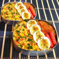 母とムスコのラブラブおソロ♪野菜たっぷりカレーピラフ弁当